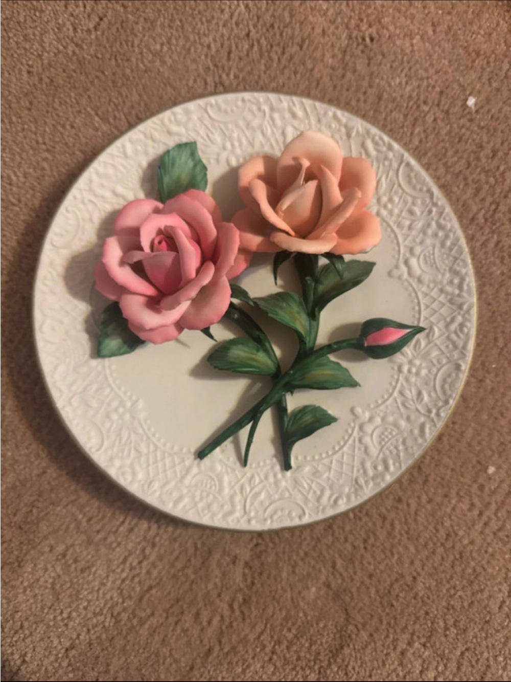 Franklin Mint Pink and Peach Rose Wall Plaque